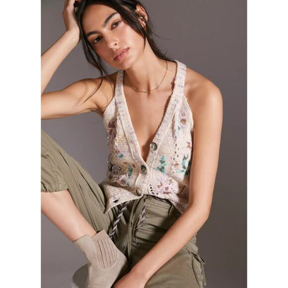 by Anthropologie Tan Multicolor Gardenia Button-Up Sweater Vest Womens Medium - Picture 1 of 6